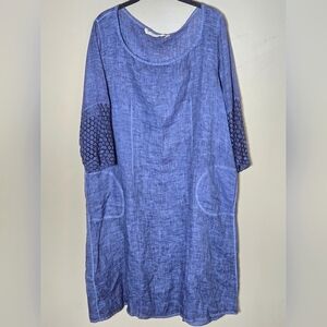 Soft Surroundings Linen Crochet Sleeve Coastal Chic Elevated Basic Dress, Large